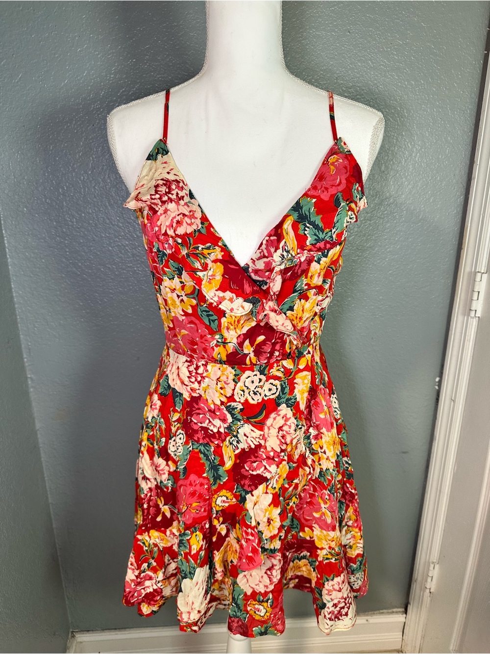 Kimchi Blue Red Floral Spaghetti-Strap Mini Dress